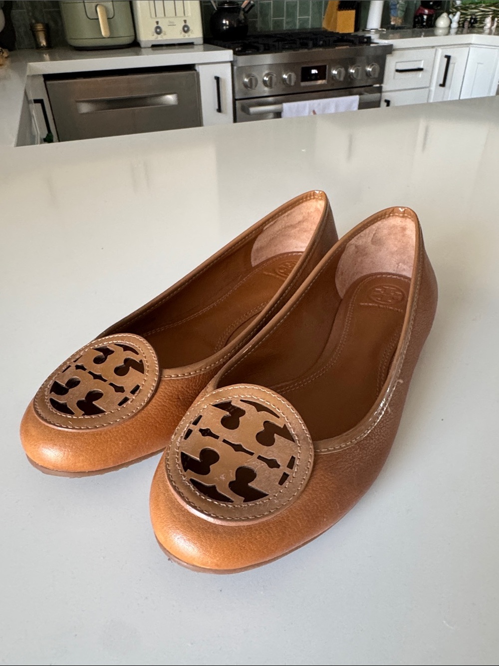 Tory Burch Micro Tumbled Royal Tan Leather Louisa Ballet Flats